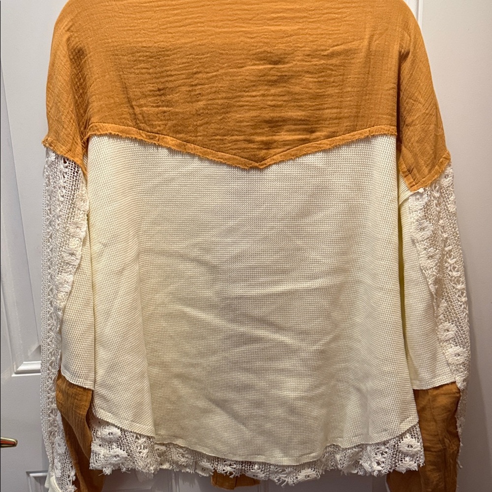 BiBi Mustard Yellow and Cream Button-Down Lace Panel Shirt - Picture 5 of 7